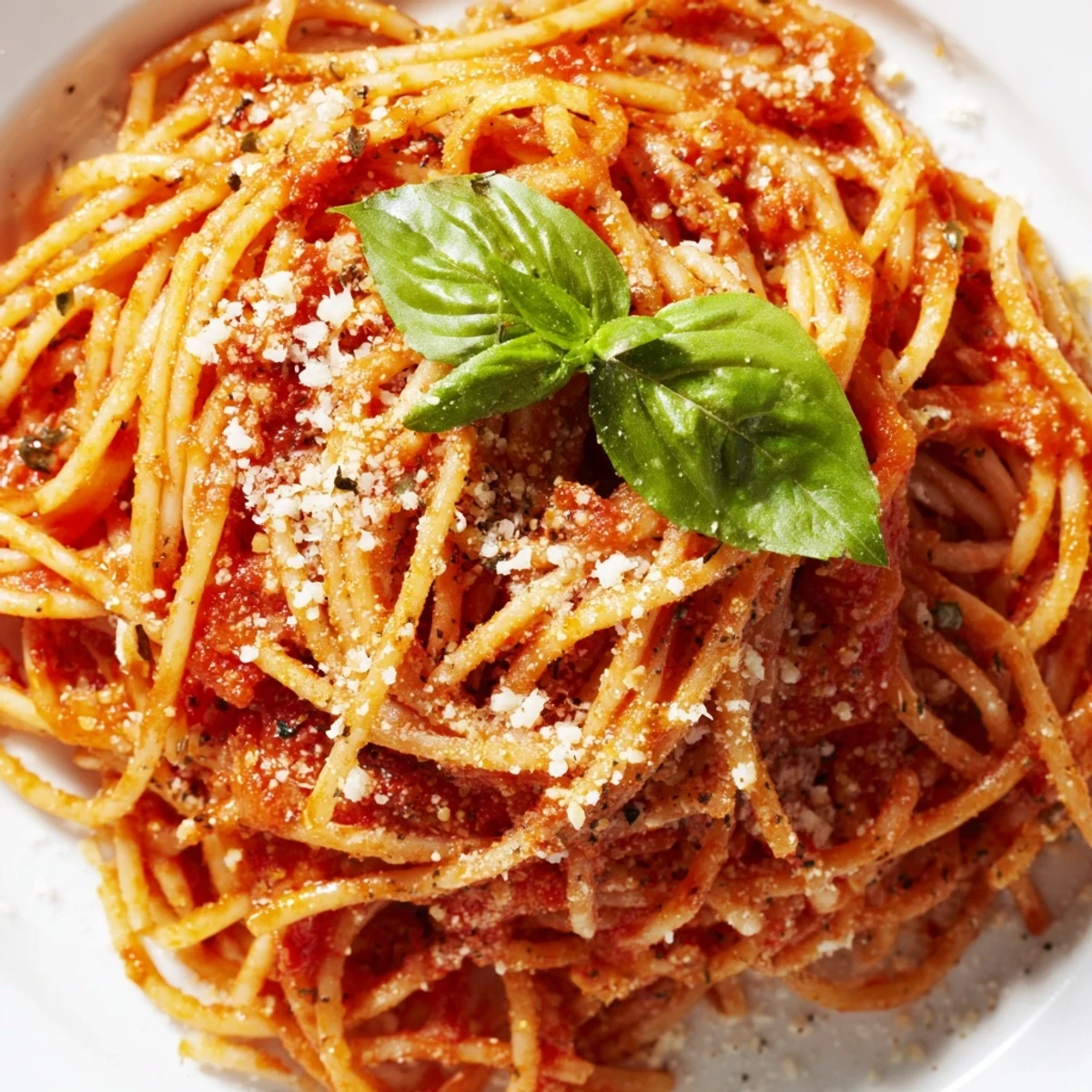 Steaming bowl of classic pasta with rich tomato sauce topped with fresh basil