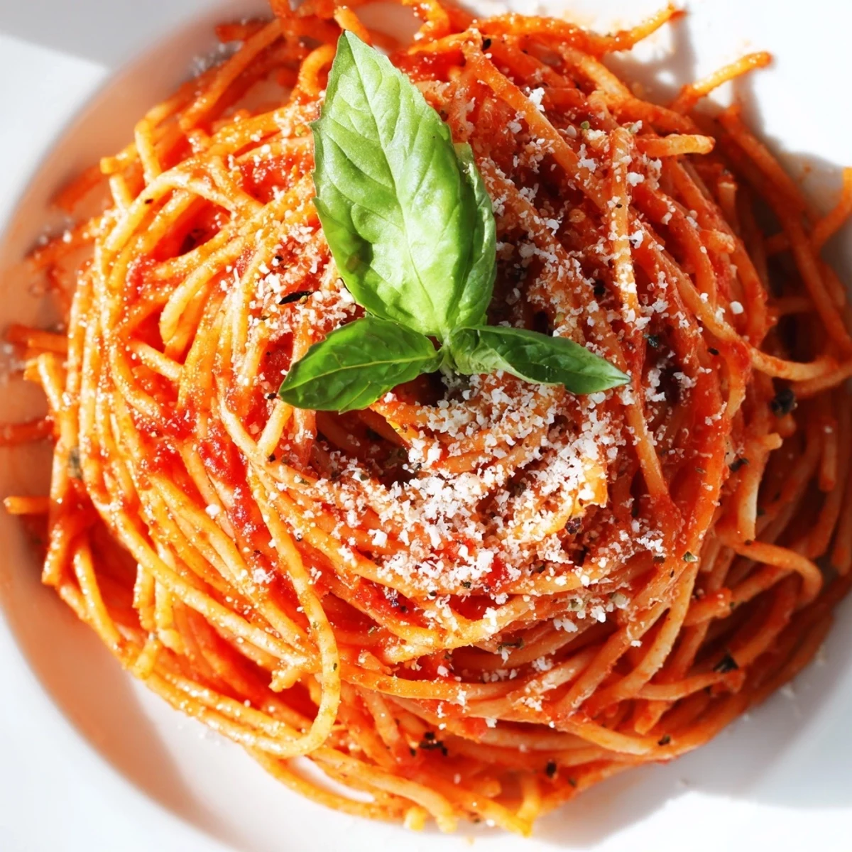 Tender pasta noodles coated in homemade Italian tomato sauce with grated Parmesan