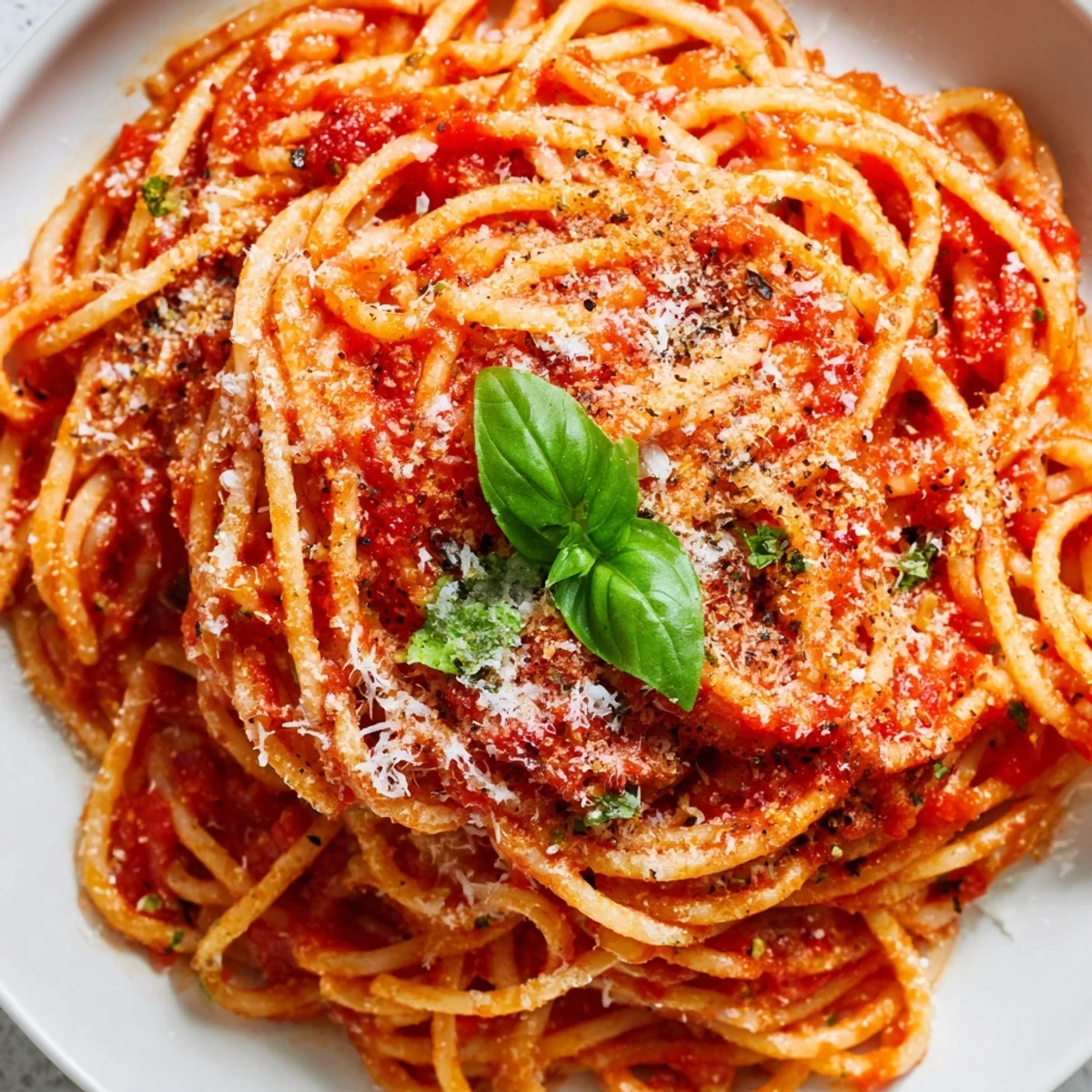 Hearty plate of pasta tossed in savory tomato sauce garnished with green basil