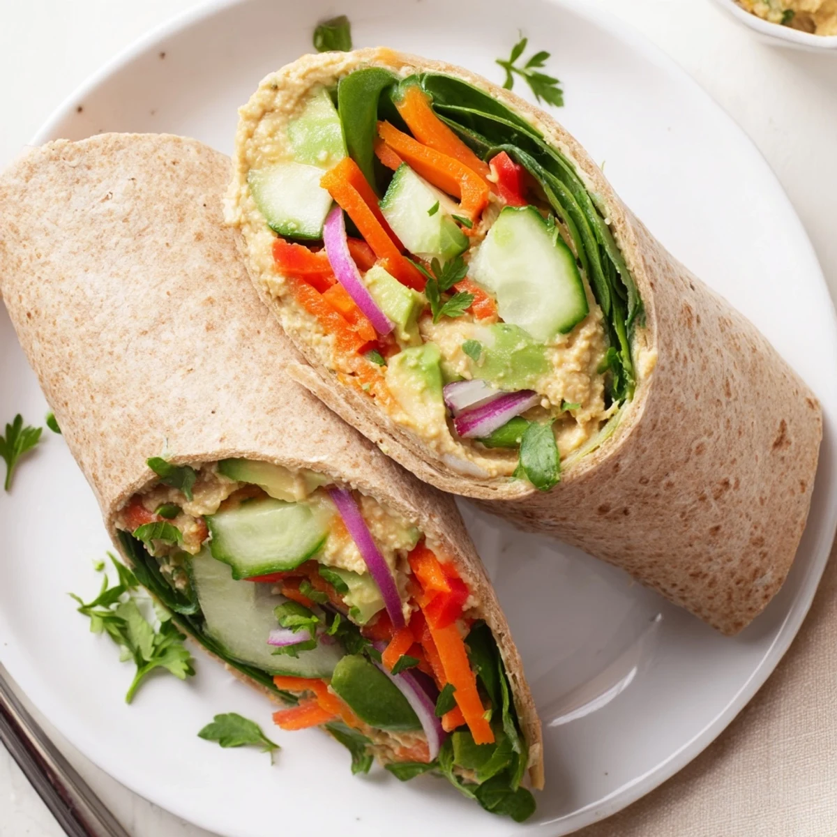 Sliced diagonally Mediterranean hummus wrap revealing vibrant peppers cucumber spinach and tender greens