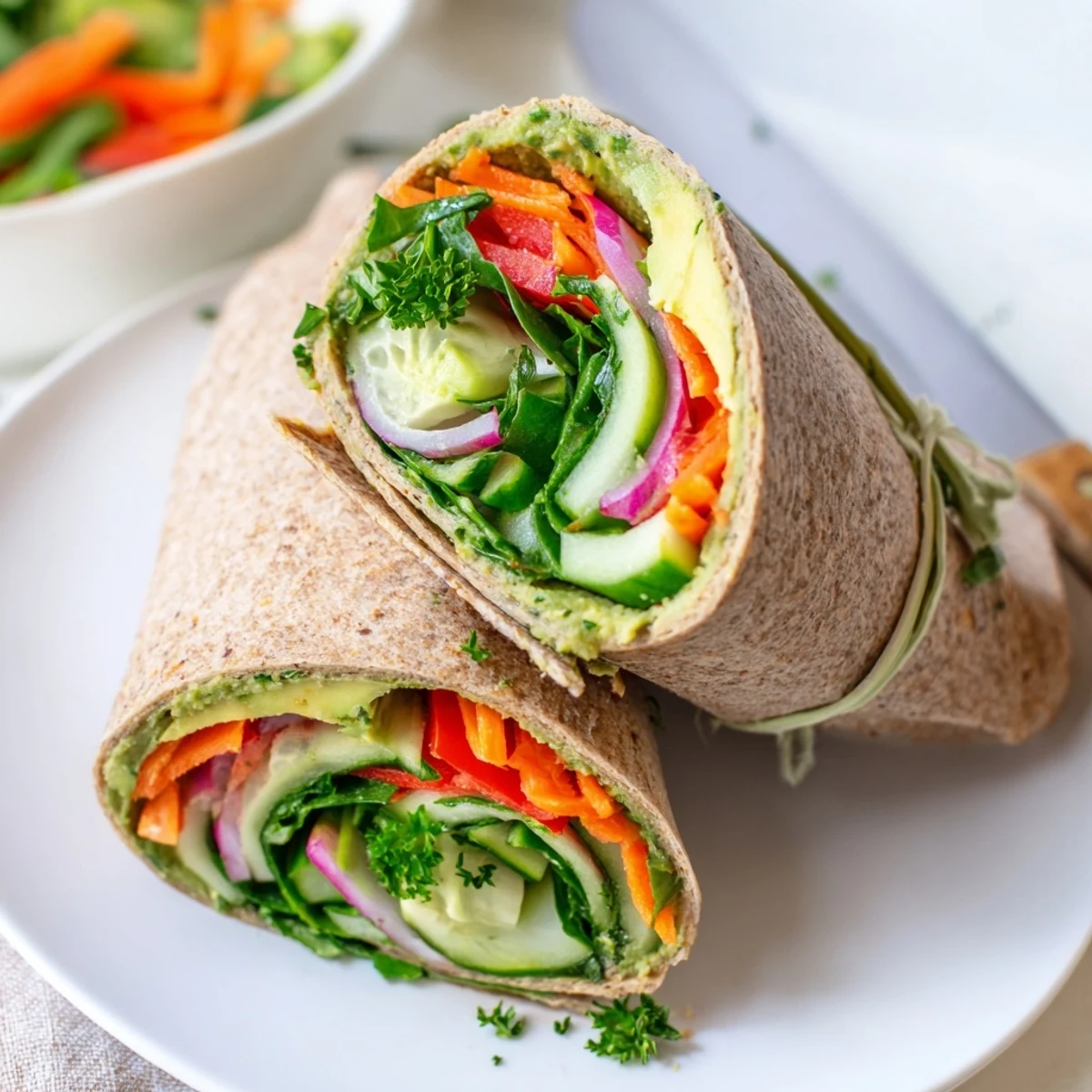Golden whole wheat wrap layered with creamy hummus and colorful crisp fresh vegetables