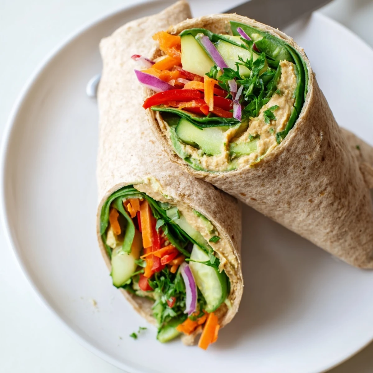 Plant-based hummus wrap overflowing with grated carrot sliced tomato avocado and fresh herbs