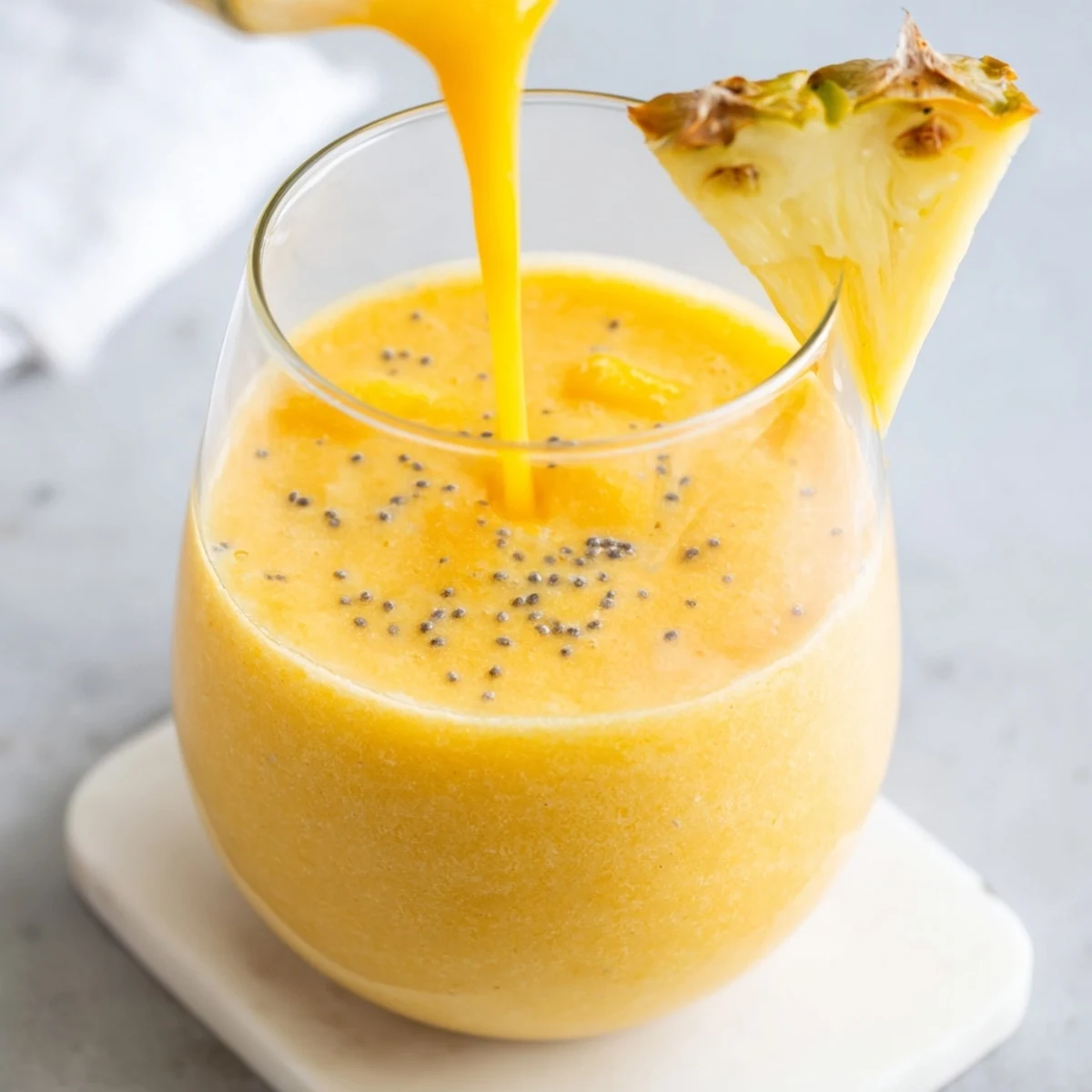 Golden Tropical Pineapple Mango Smoothie Recipe poured into tall glasses with fresh fruit garnish