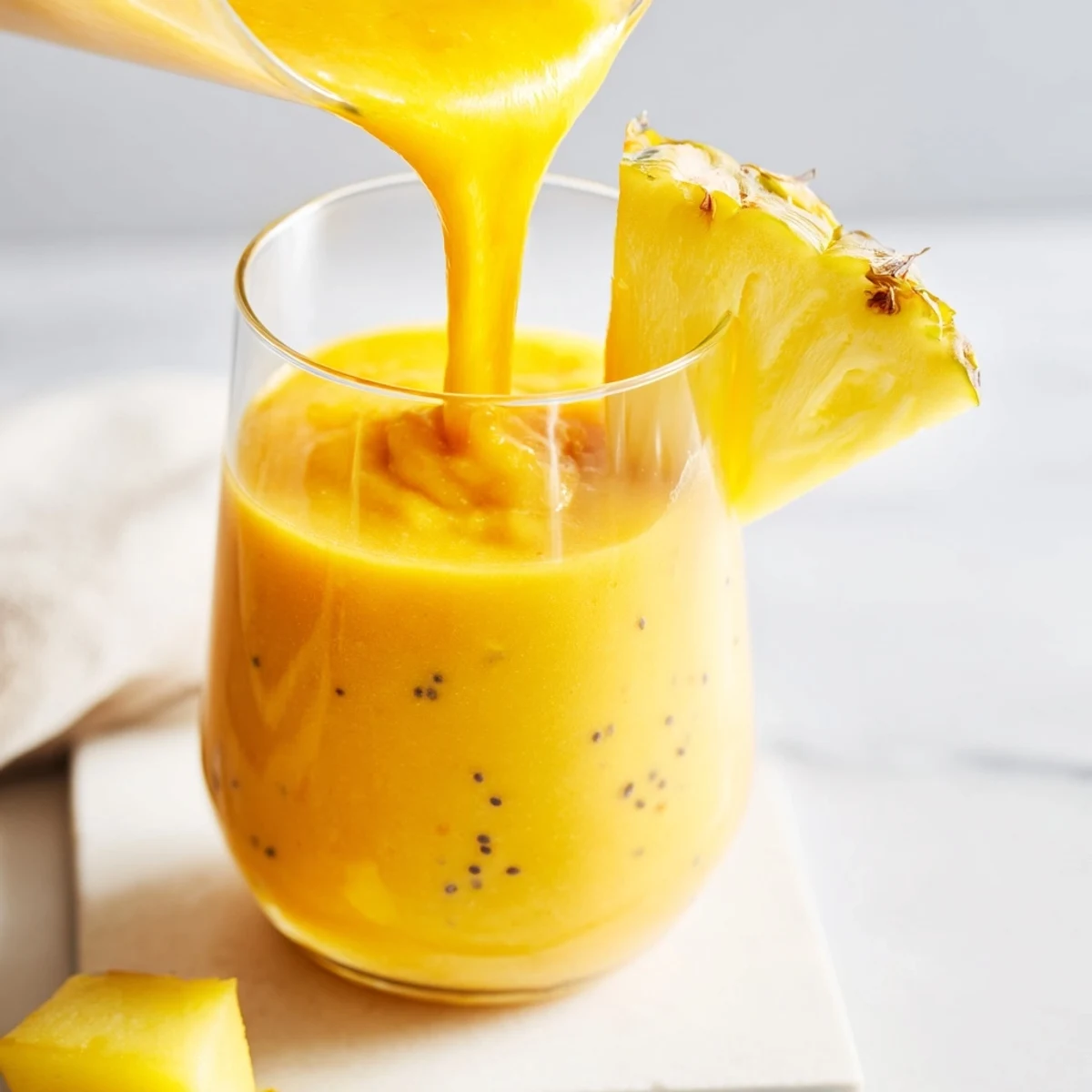 Creamy blended Tropical Pineapple Mango Smoothie Recipe showcasing vibrant yellow-orange swirls and frosty texture