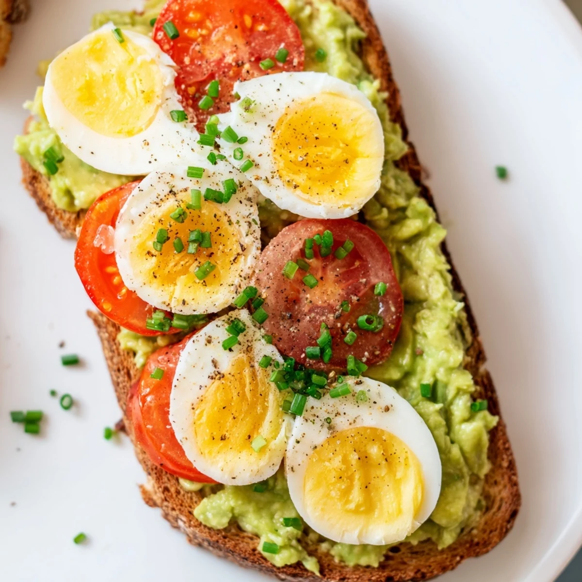 Avocado toast with tomato featuring ripe tomato slices and protein-rich hard-boiled eggs on crisp bread