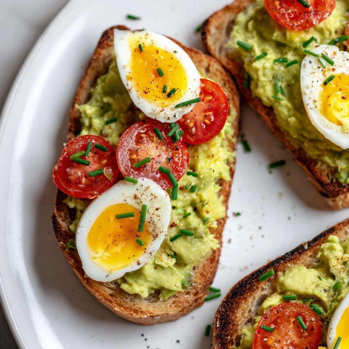 Golden toast topped with creamy mashed avocado and sliced hard-boiled eggs
