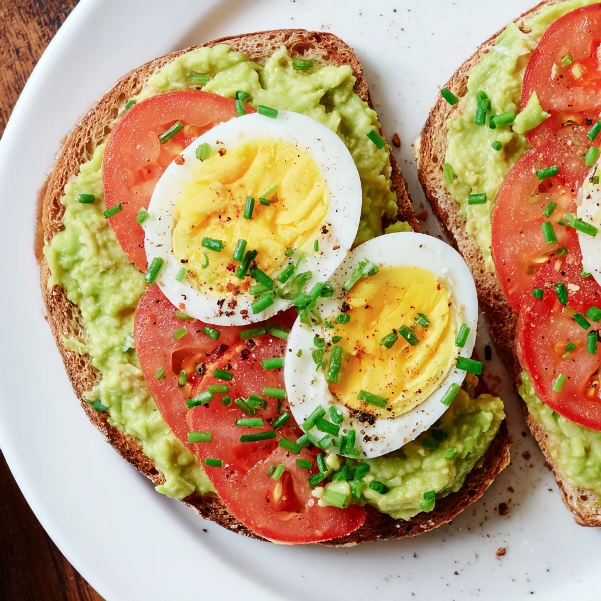 Breakfast avocado toast with tomato and hard-boiled egg garnished with fresh chives