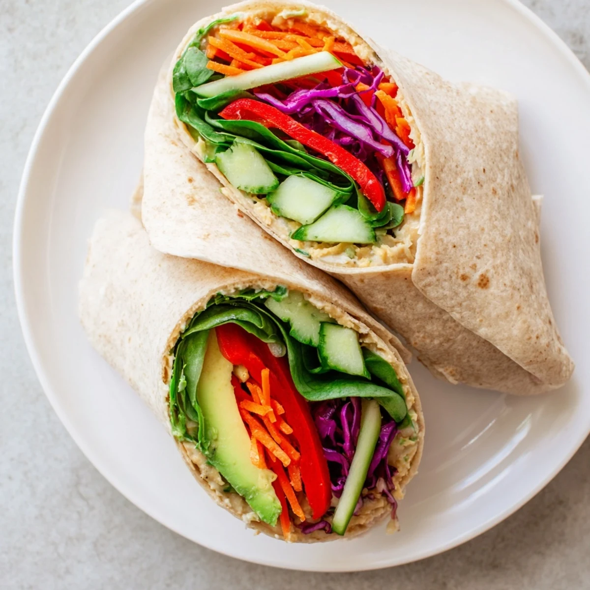 Veggie wrap with hummus featuring sliced colorful vegetables rolled in a whole wheat tortilla