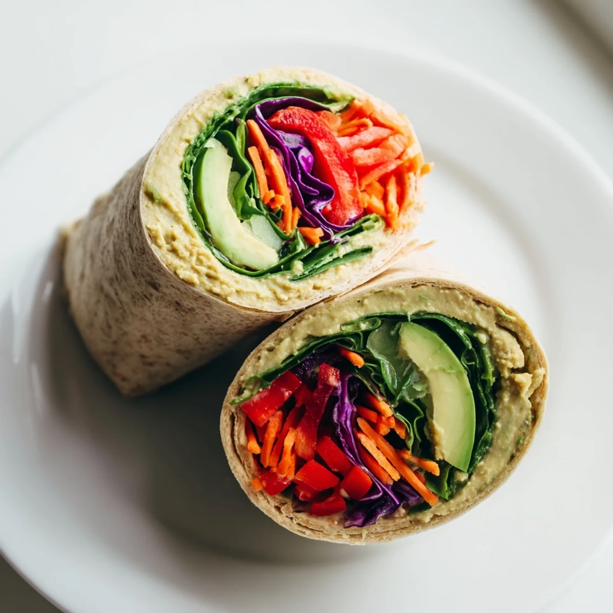 Mediterranean veggie wrap with hummus filled with fresh spinach, bell peppers, and crunchy red cabbage