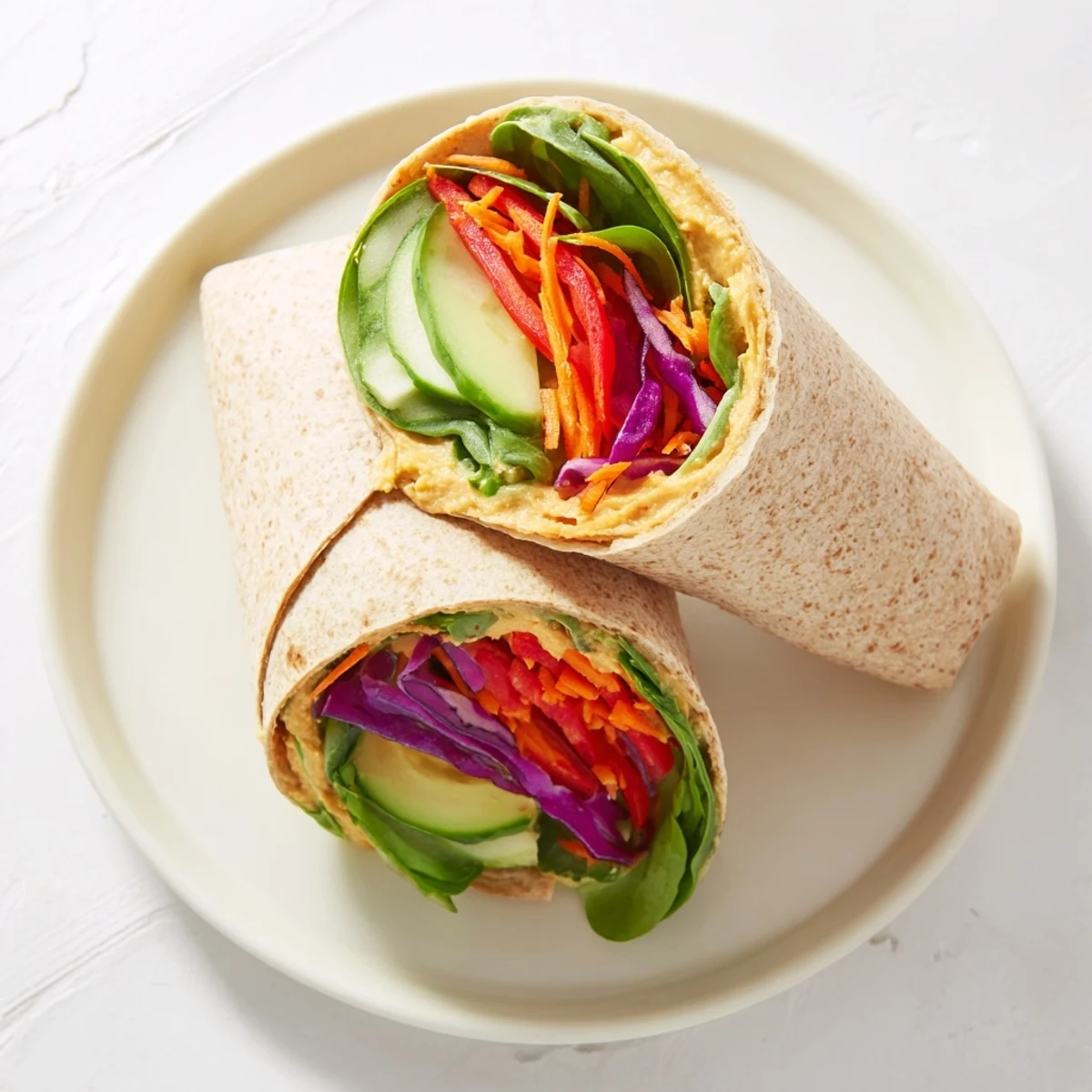 Healthy veggie wrap with hummus showcasing diagonal halves with vibrant layered vegetables inside