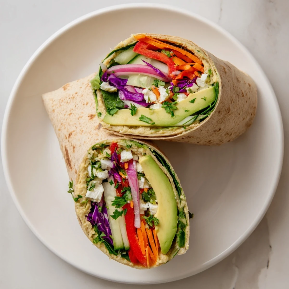 Golden whole wheat tortilla wrapped around creamy hummus and colorful crisp vegetables