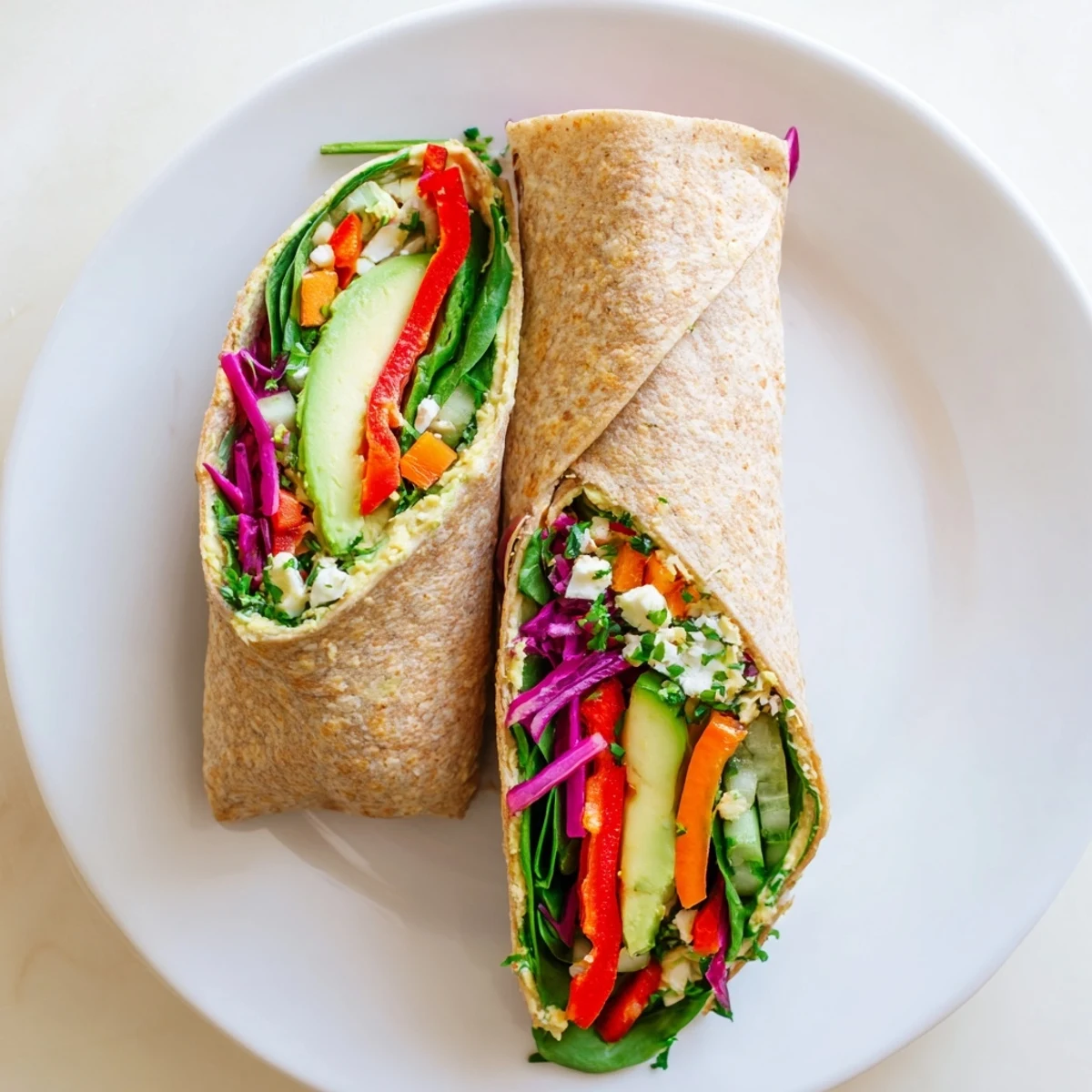 Healthy lunch hummus veggie wrap rolled tightly with purple cabbage and cucumber strips