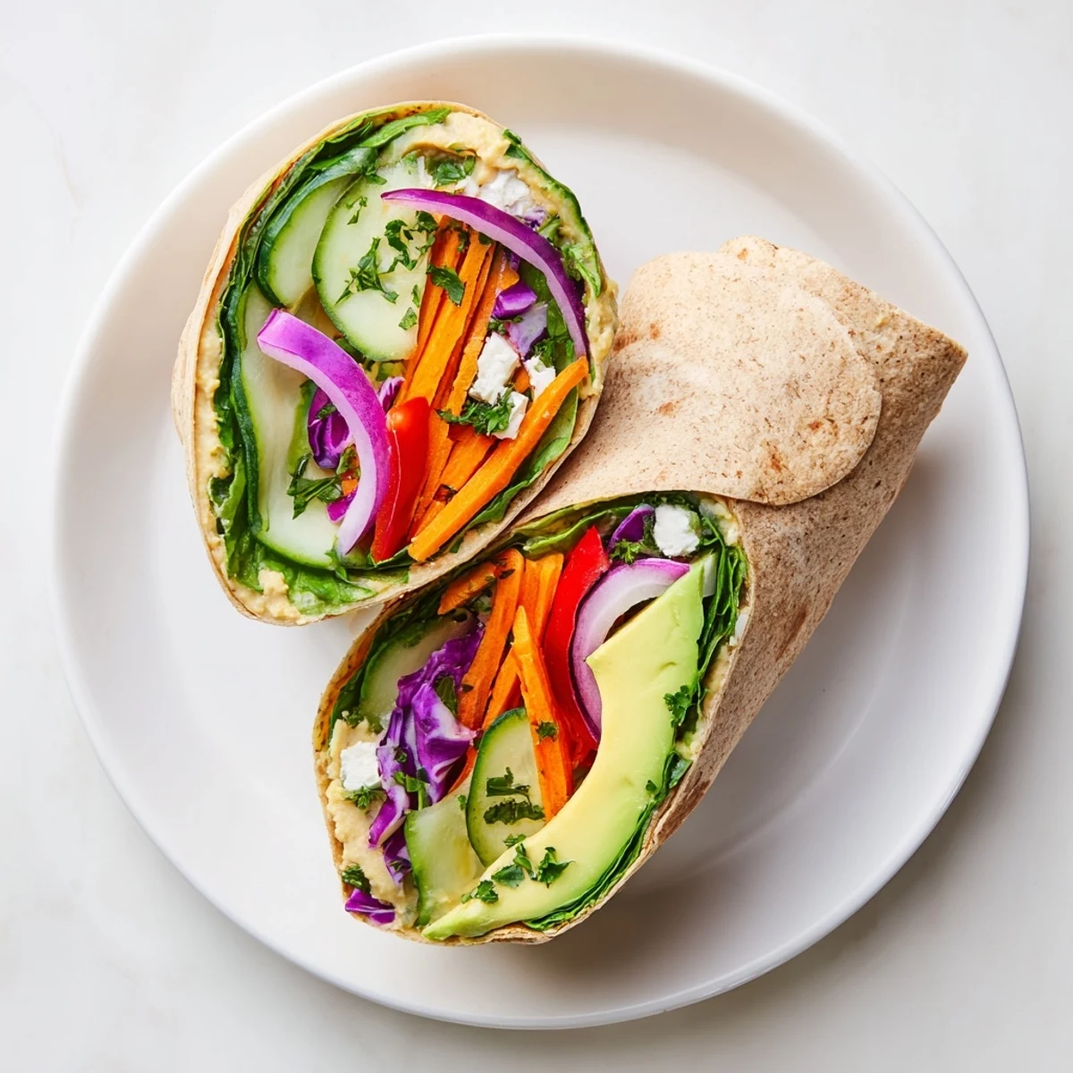 Mediterranean hummus veggie wrap sliced diagonally showcasing fresh spinach and bell pepper filling