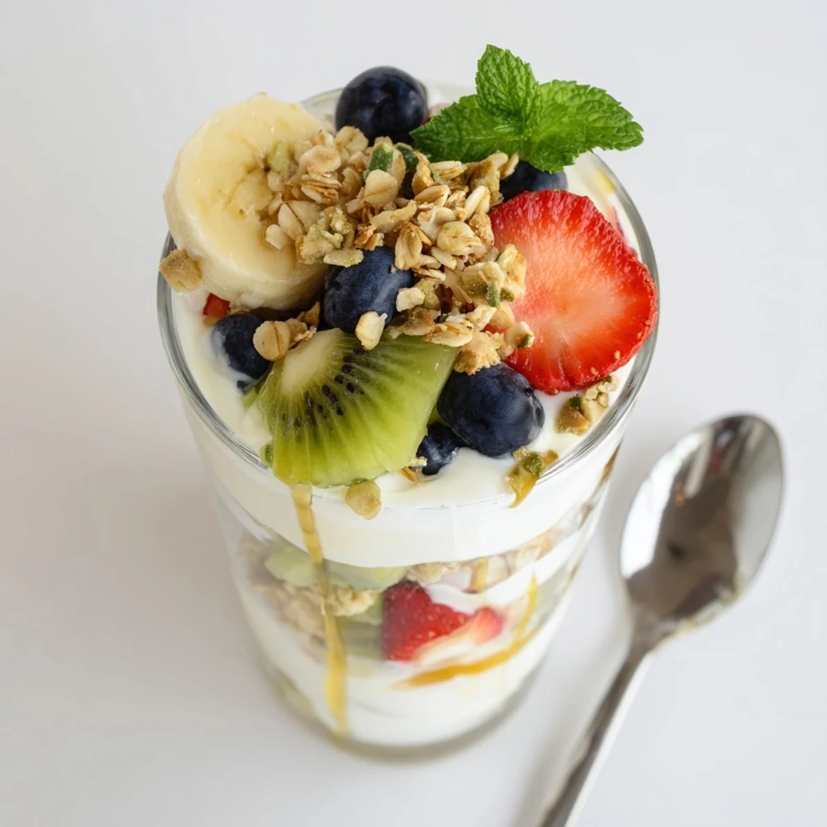 Layered yogurt parfait recipe with honey drizzled over fresh strawberries and blueberries
