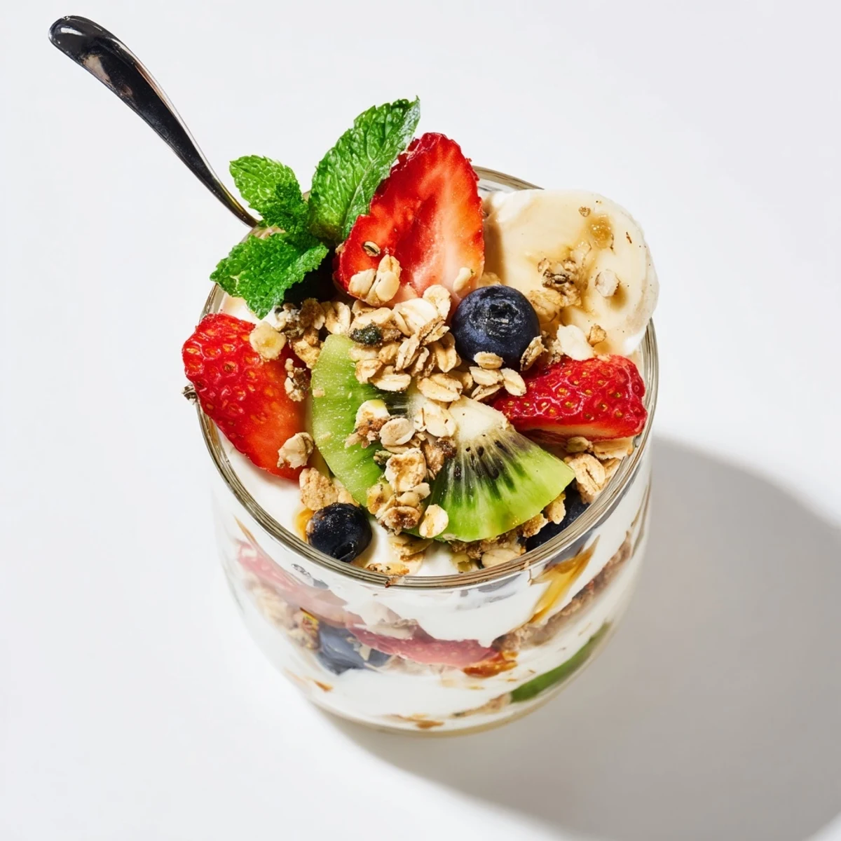 Healthy yogurt parfait recipe featuring alternating layers of honey-sweetened yogurt and fresh sliced fruit