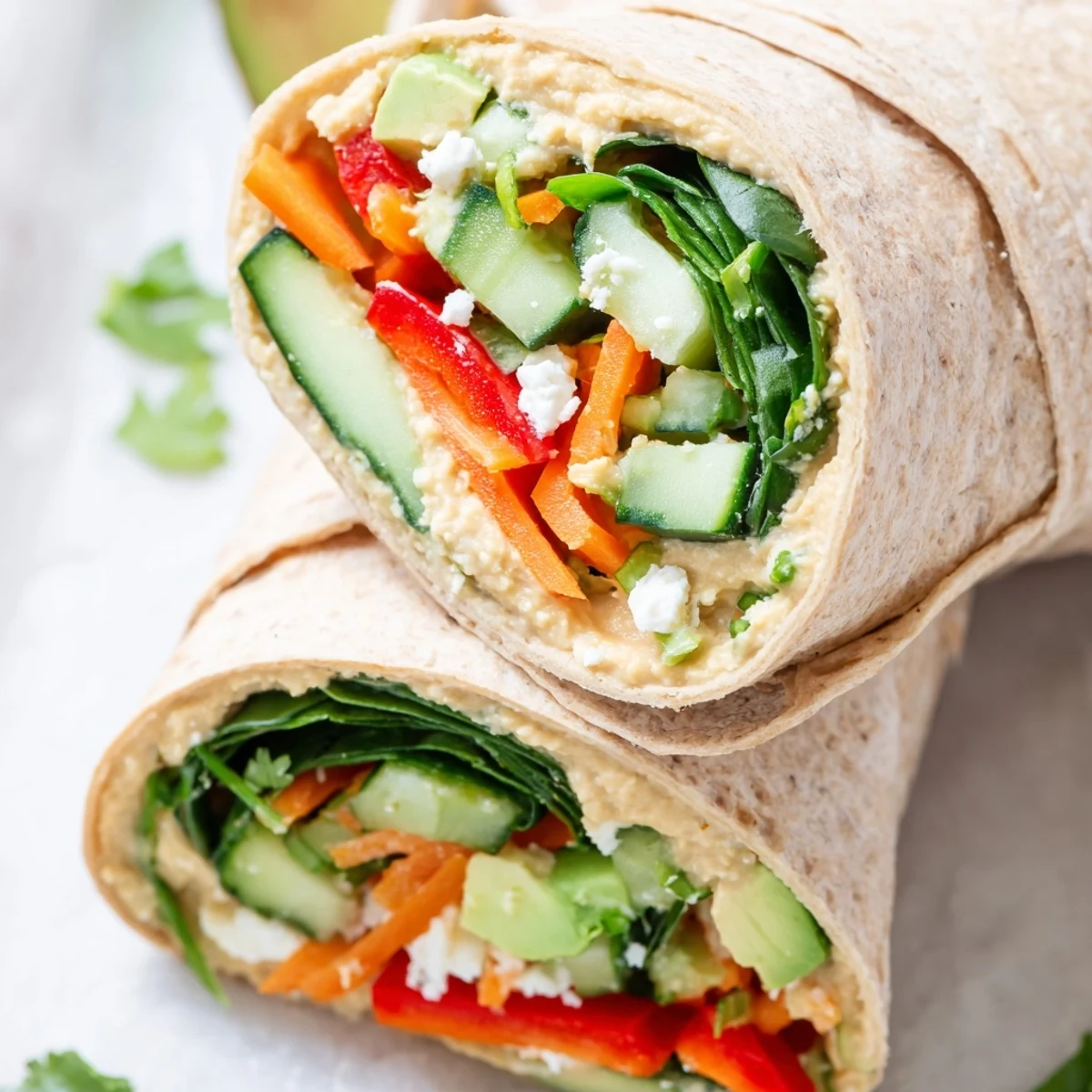 Whole wheat tortilla wrapped around creamy hummus with fresh spinach and colorful sliced vegetables