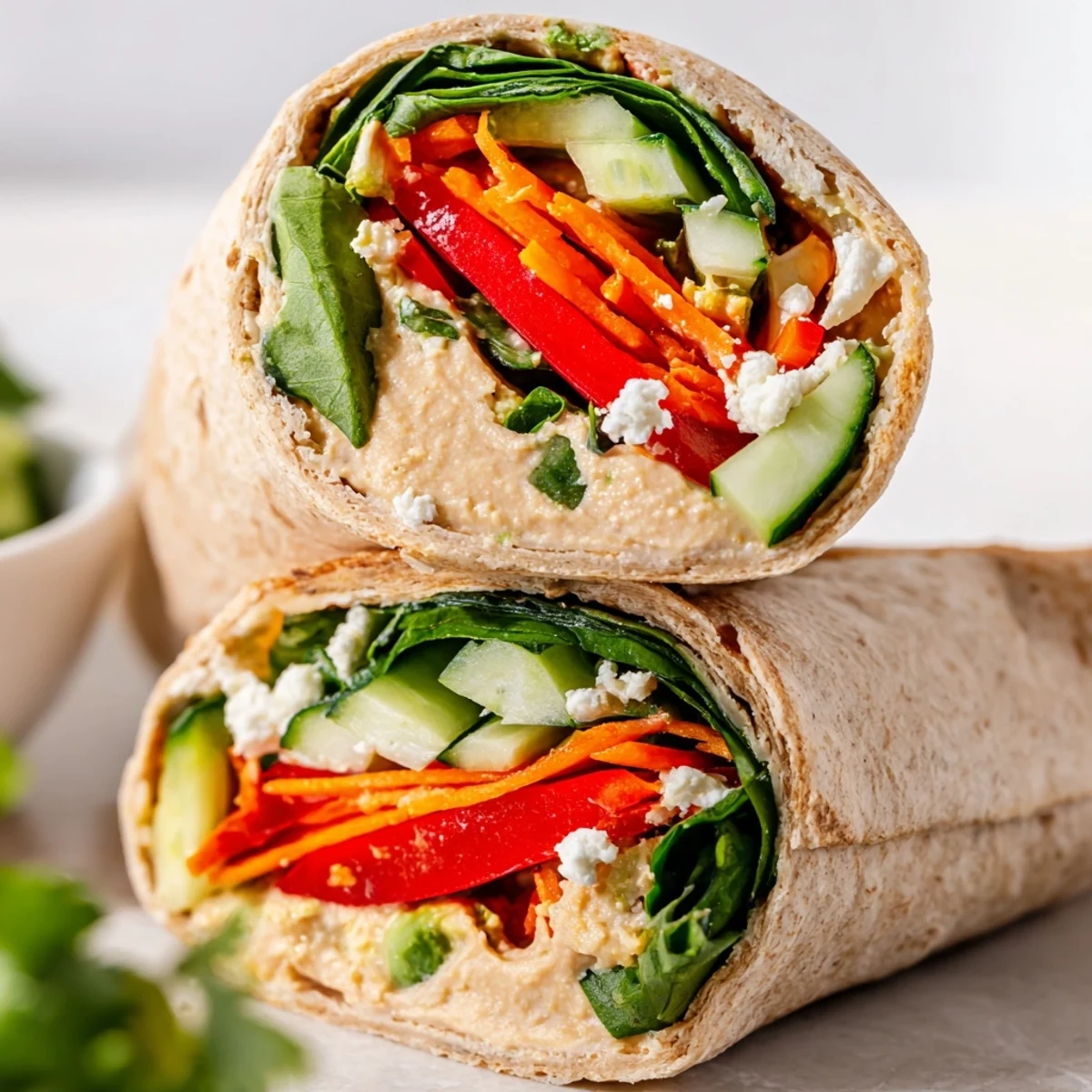 Mediterranean-style spinach hummus lunch wraps featuring crisp cucumber, bell pepper, and ripe avocado slices