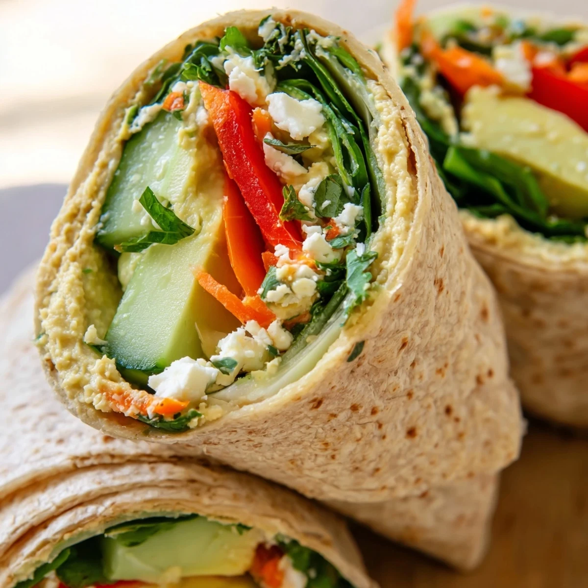 Cross-section of healthy spinach hummus wrap rolled tightly with vibrant vegetables and optional crumbled feta