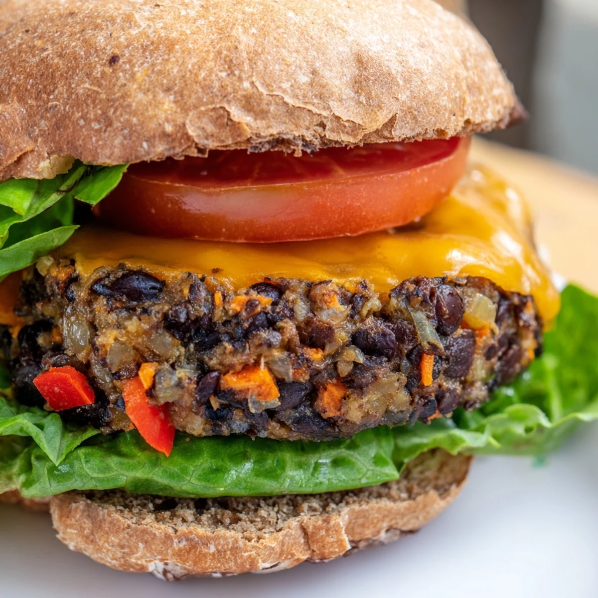 Golden veggie burgers recipe stacked on whole wheat buns with fresh lettuce and tomato