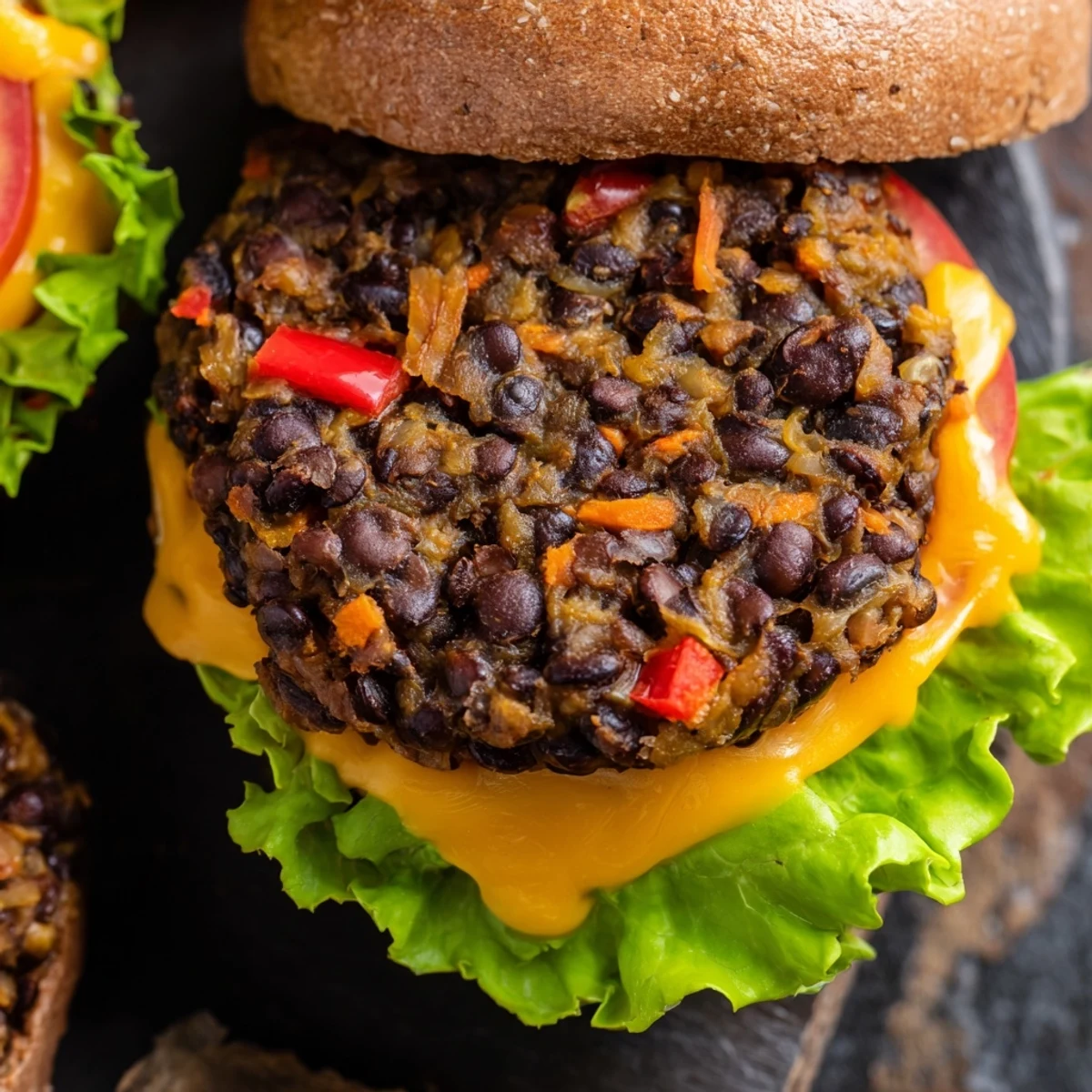 Homemade veggie burgers recipe plated with crispy pickle chips and melted cheese dripping down