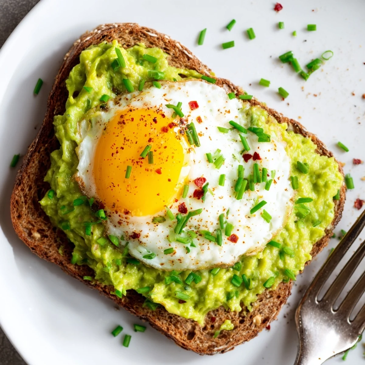 Breakfast plate of simple avocado toast with egg garnished with red pepper flakes and fresh herbs