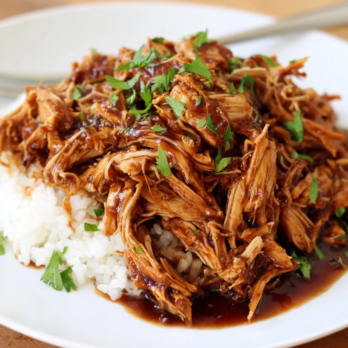 Crockpot Honey Garlic Chicken simmering in glossy sauce over steamed white rice