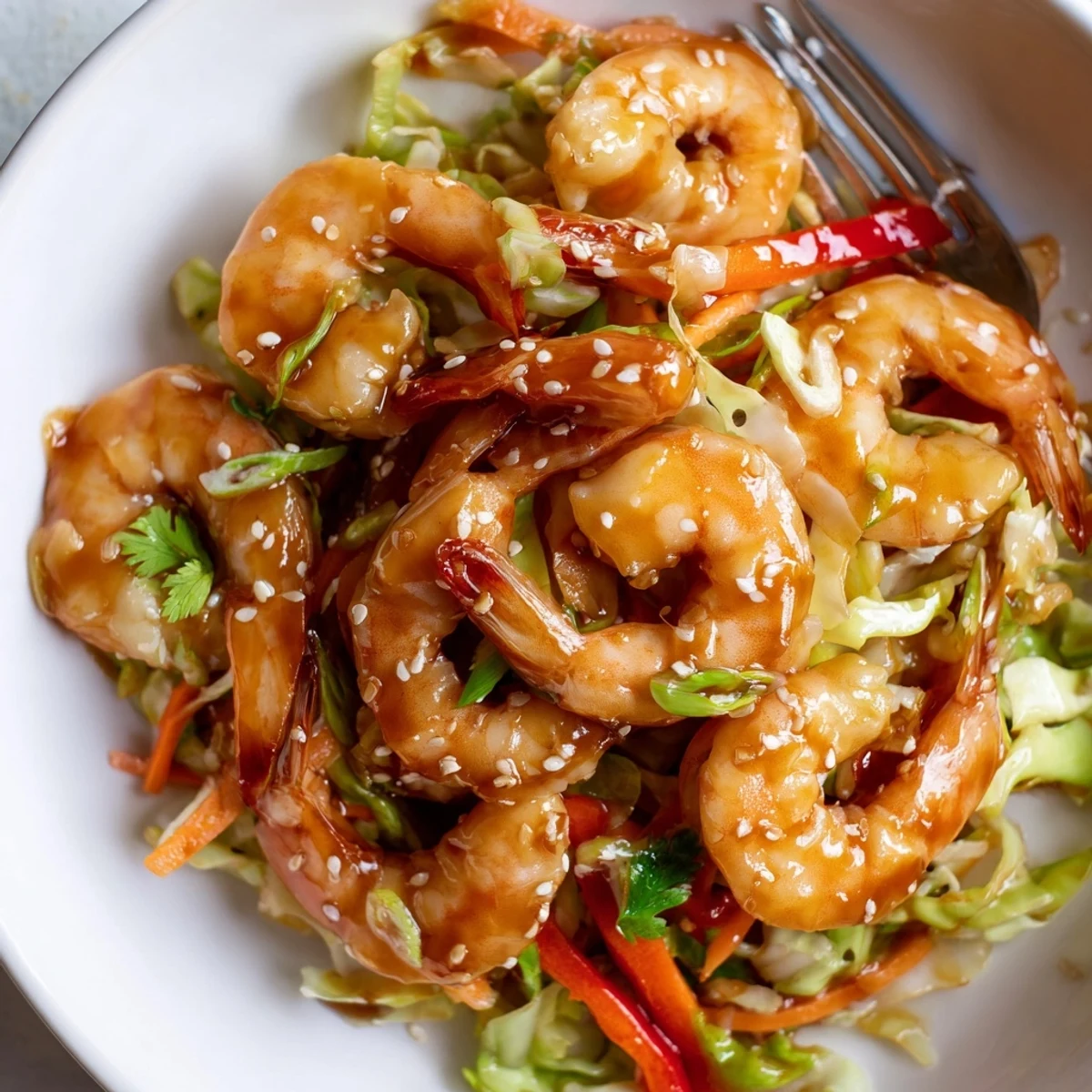 Delicious Asian Shrimp And Cabbage Stir Fry with glossy sesame sauce, vibrant vegetables