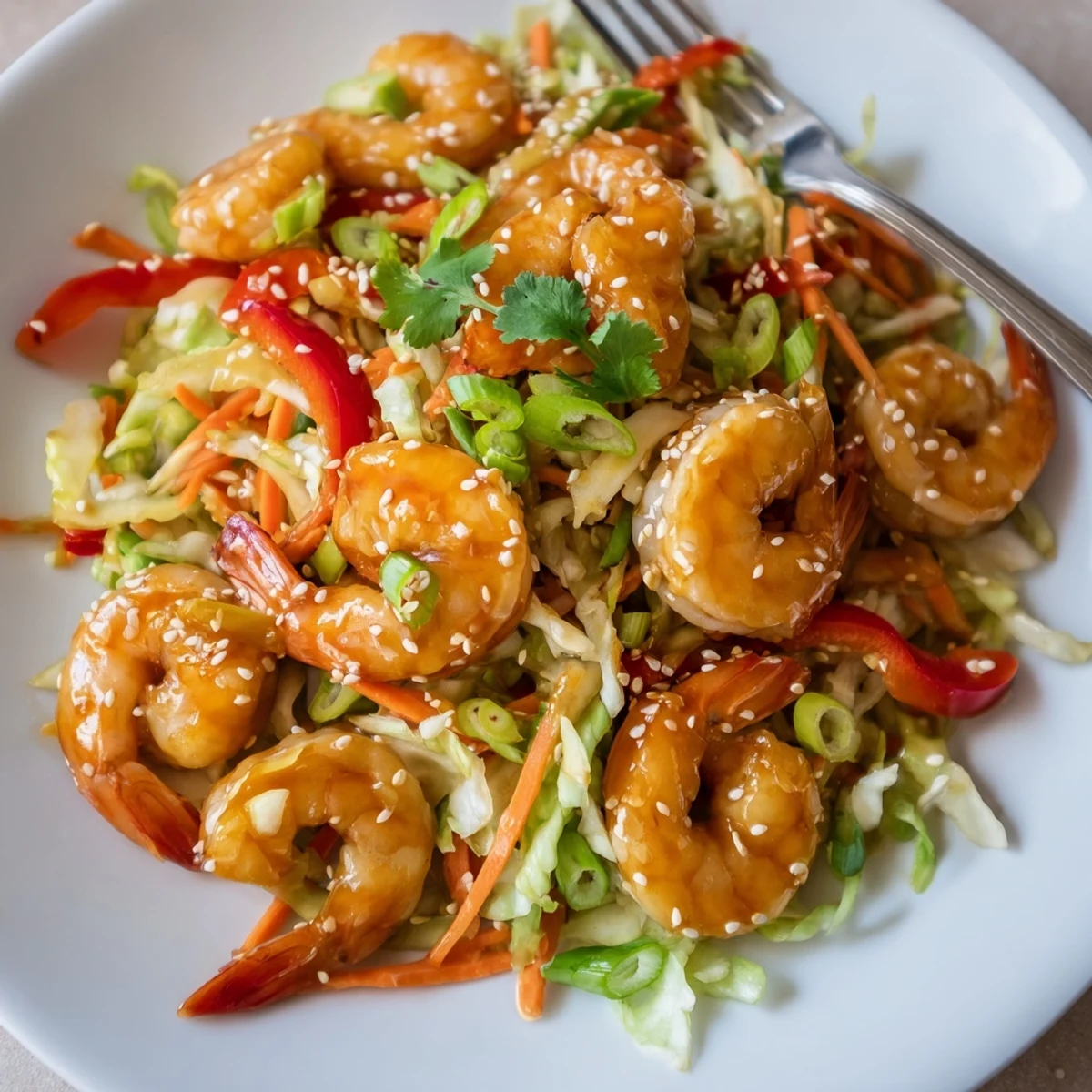 Plate of Delicious Asian Shrimp And Cabbage Stir Fry steaming, garnished with cilantro