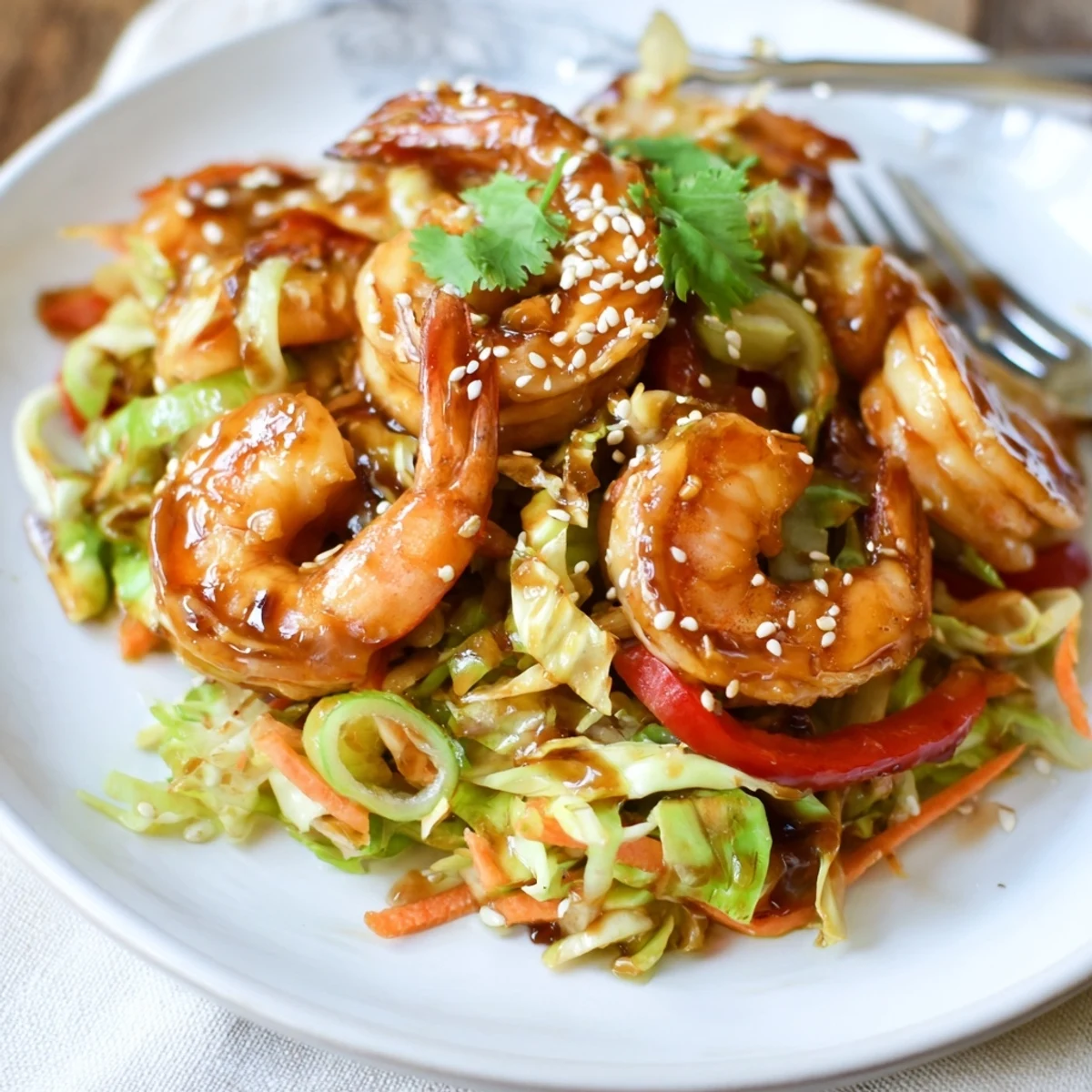 Sizzling wok of Delicious Asian Shrimp And Cabbage Stir Fry ready to serve