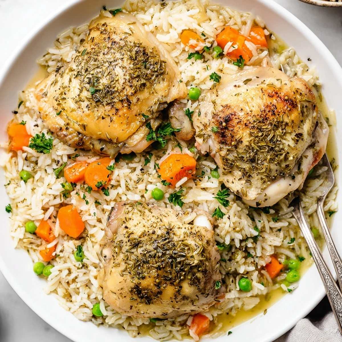 A bowl of Slow Cooker Lemon Herb Chicken And Rice, garnished with parsley