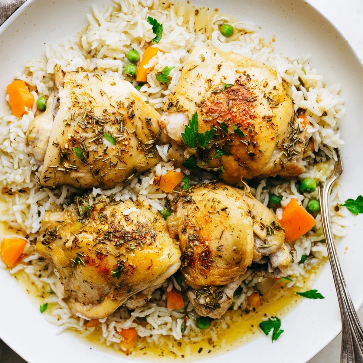 Weeknight Slow Cooker Lemon Herb Chicken And Rice, tender thighs, fluffy rice