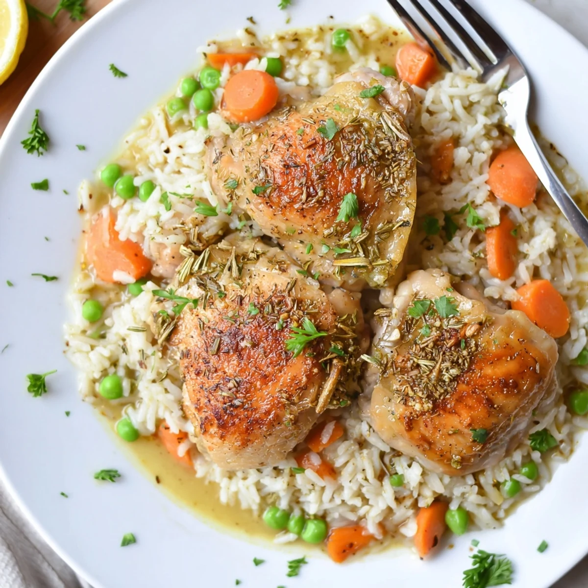 Slow Cooker Lemon Herb Chicken And Rice steaming, bright lemon aroma, fork-ready