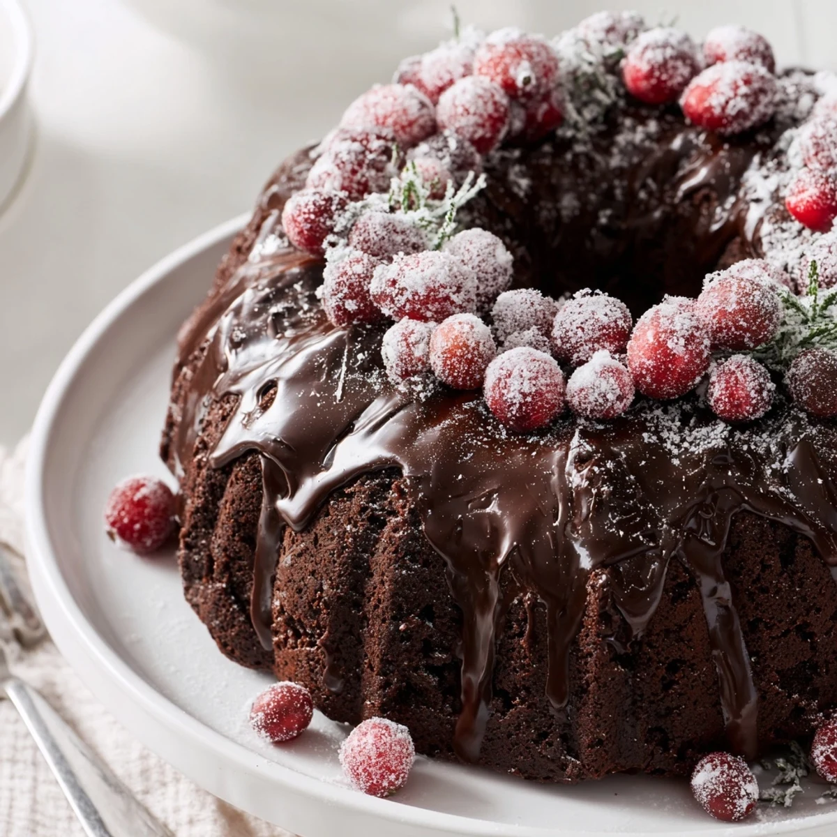 Glistening Chocolate Bundt Cake Christmas Wreath with chocolate glaze and sugared cranberries