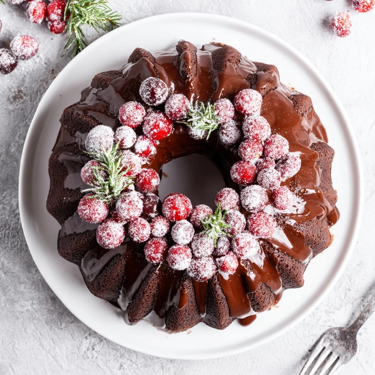 Chocolate Bundt Cake Christmas Wreath served with hot cocoa, shiny sugared cranberries