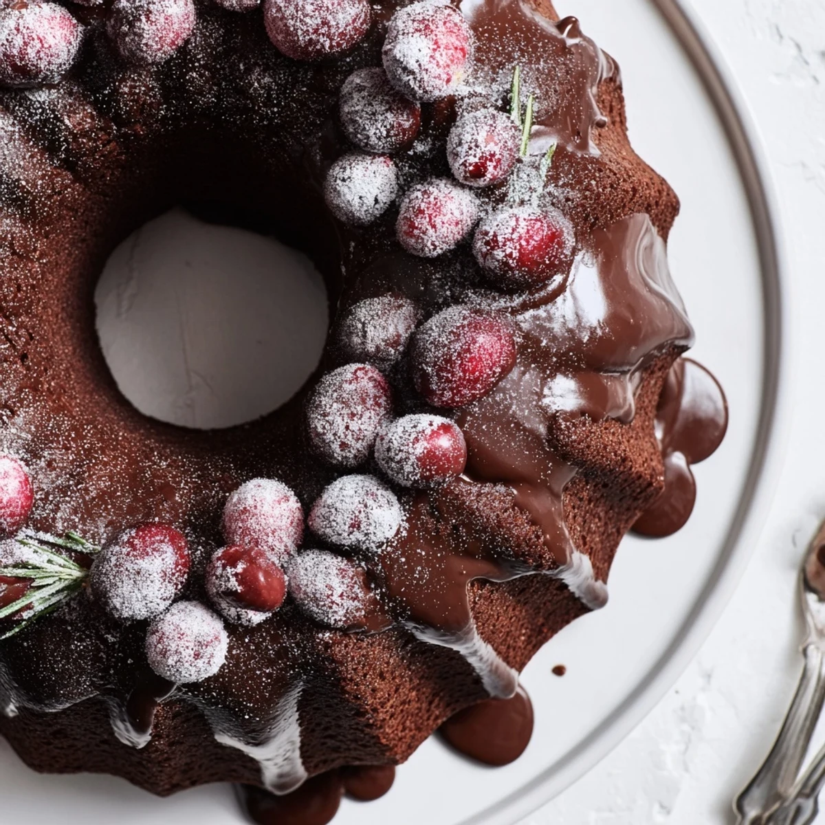 Sliced warm Chocolate Bundt Cake Christmas Wreath releasing rich cocoa aroma, powdered sugar