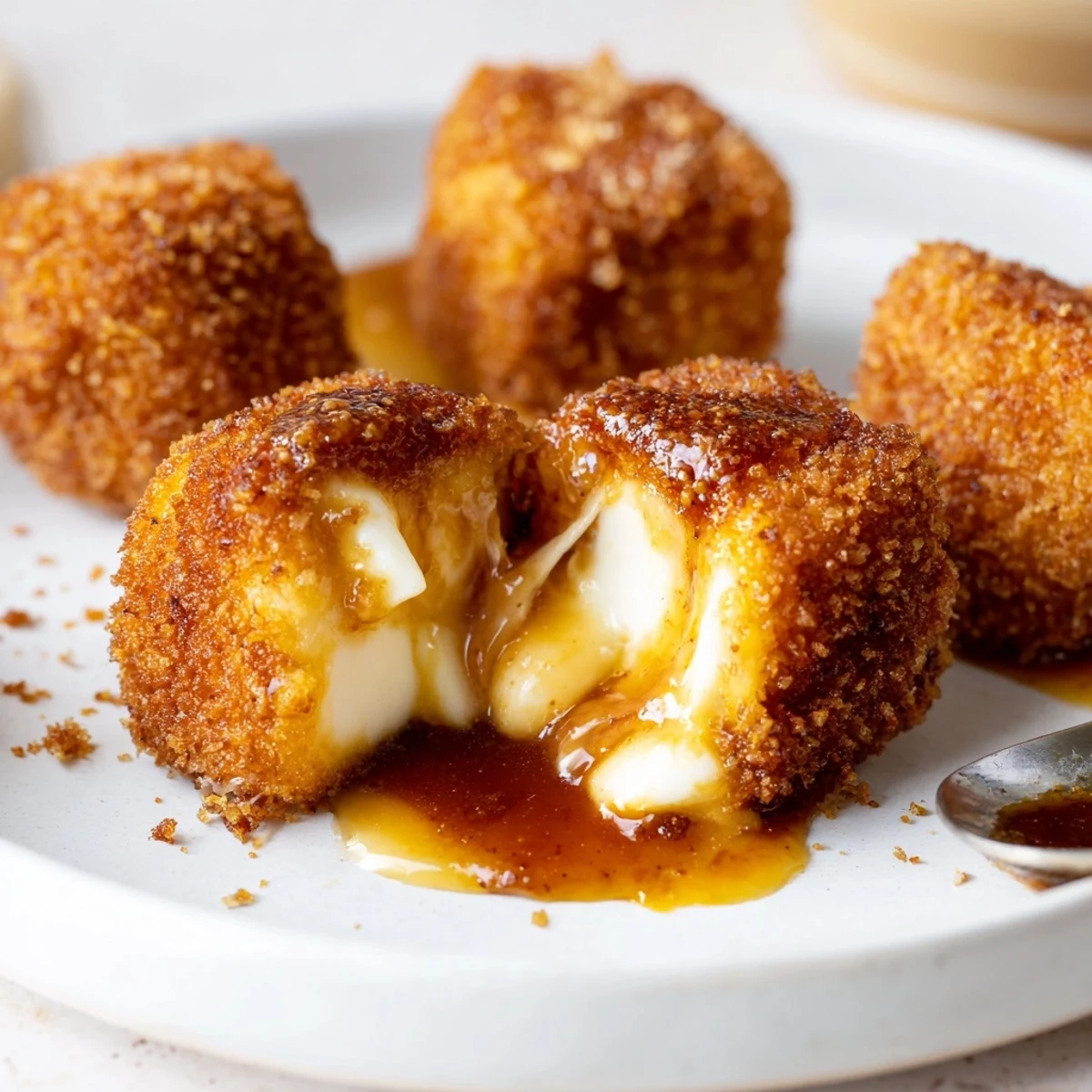 Warm Irresistible Crispy Mozzarella Poppers With Maple Glaze served on a rustic board