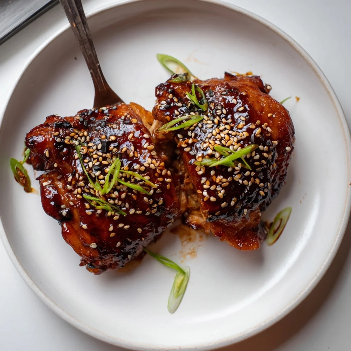 Savory, charred pieces of Juicy Korean Chicken Thighs resting atop steamed rice  