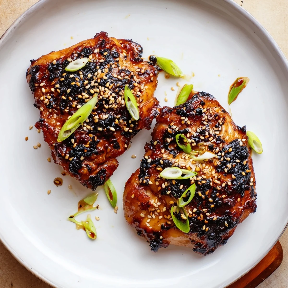 Juicy Korean Chicken Thighs glazed and caramelized, garnished with sesame and scallions  