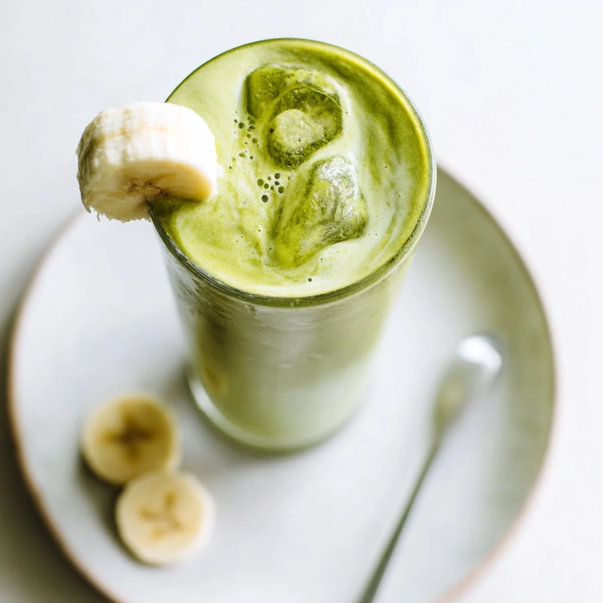 Creamy, vibrant Matcha Smoothie in chilled glass with banana and frothy top.