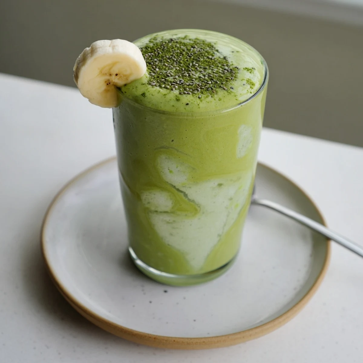 Icy Matcha Smoothie blended with almond milk, maple sweetness, served with straw.