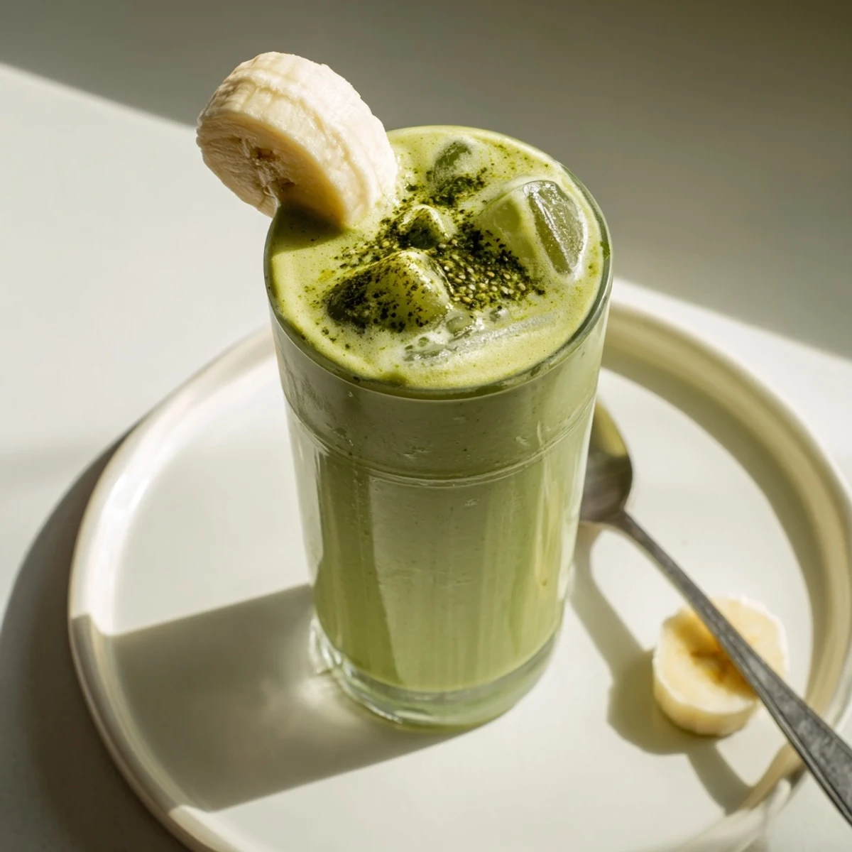 Bright green Matcha Smoothie topped with chia seeds, a perfect morning pick me up.