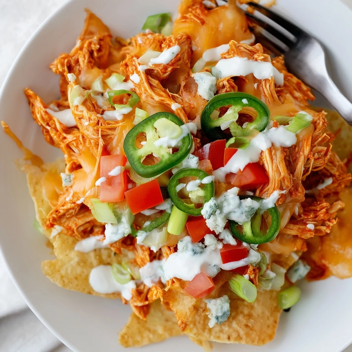 Buffalo Chicken Nachos piled with bubbling cheddar, jalapeños, and creamy ranch drizzle