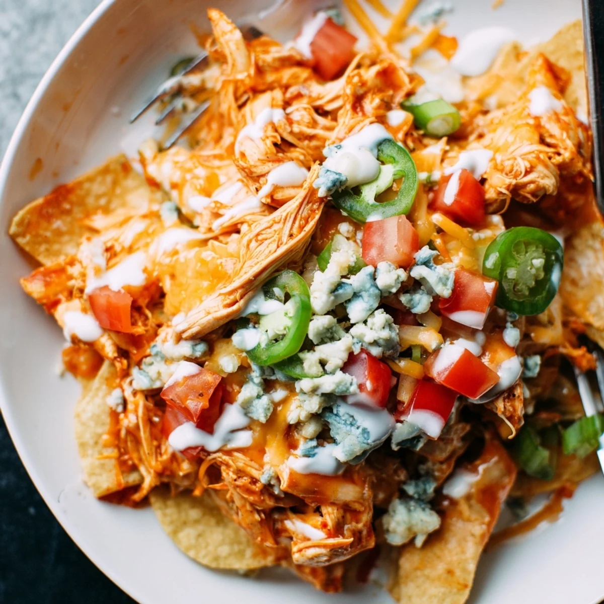 Crispy Buffalo Chicken Nachos on a baking sheet, steaming and cheese-stretching