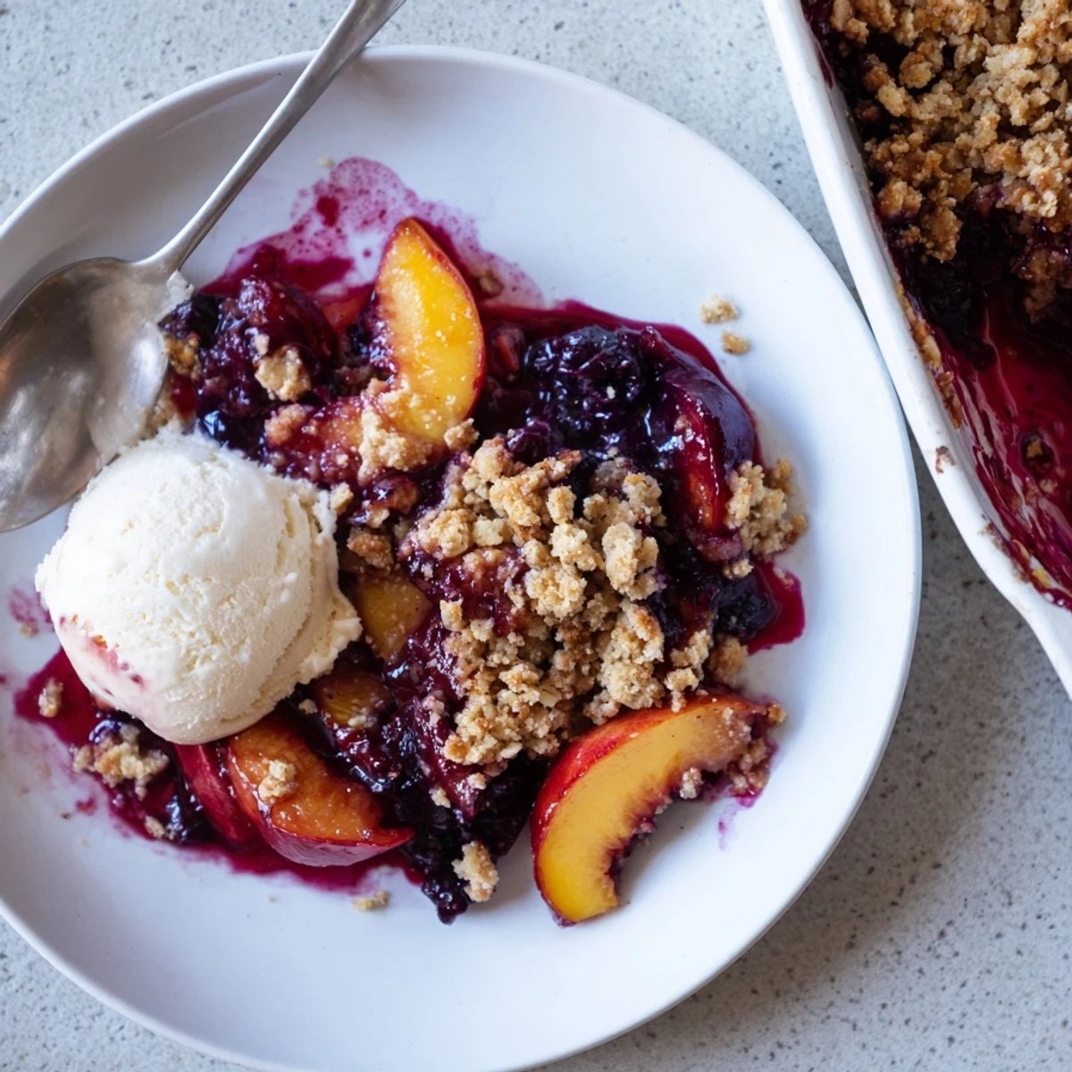 Warm Blueberry Peach Crumble bubbling with juicy fruit and golden oat topping.