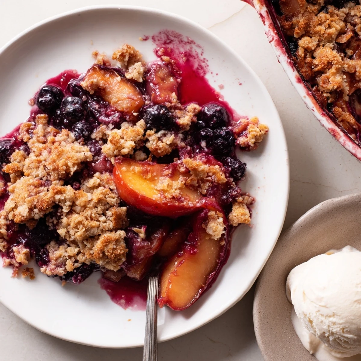 Slice of Blueberry Peach Crumble on plate, topped with melting vanilla ice cream.
