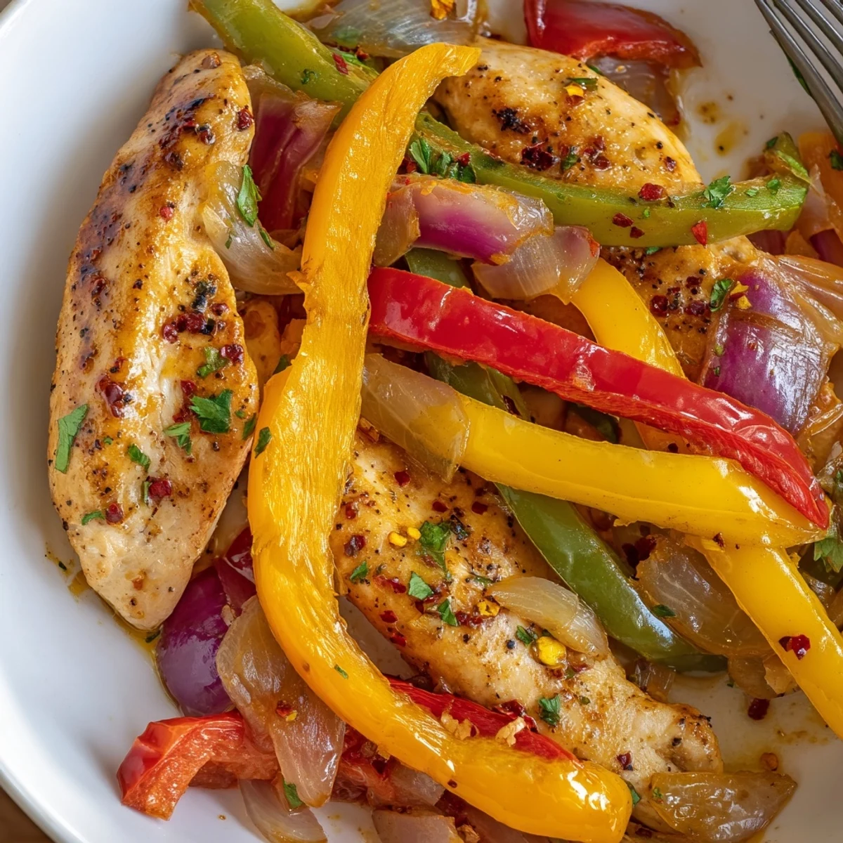 One Pan Chicken And Peppers sizzling in skillet with golden seared breasts