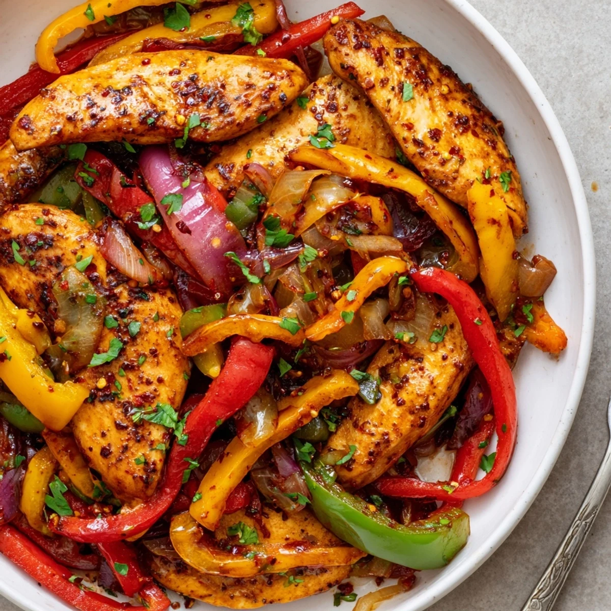 Roasted One Pan Chicken And Peppers nestled amid caramelized onions and vibrant vegetables