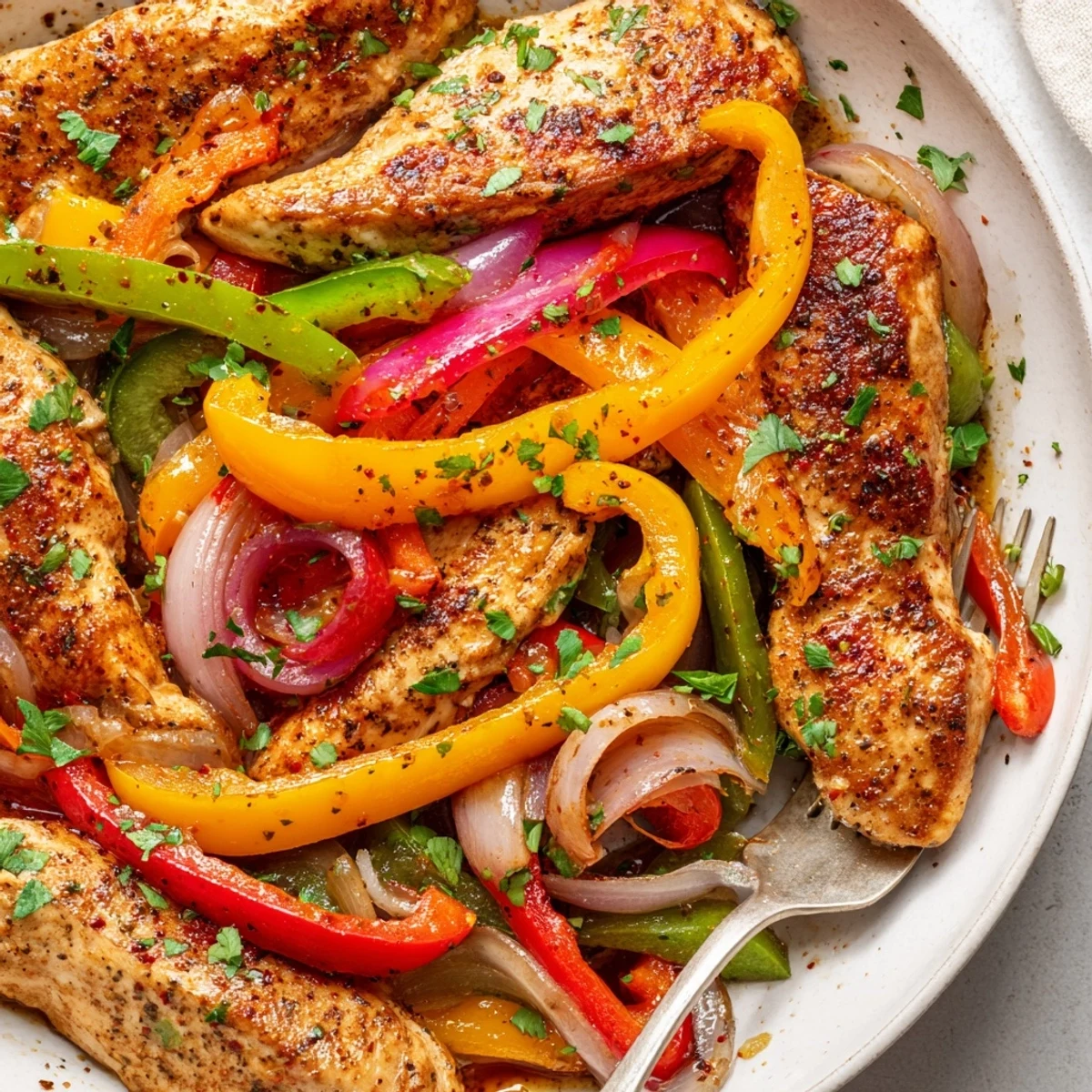 One Pan Chicken And Peppers served hot over rice with parsley garnish