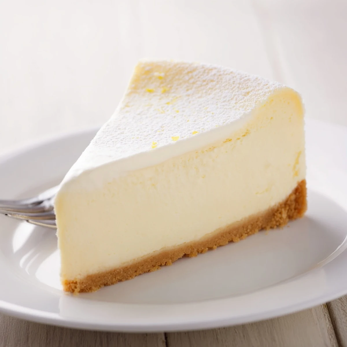 Classic Cheesecake with golden graham crust, creamy interior, sliced with berries