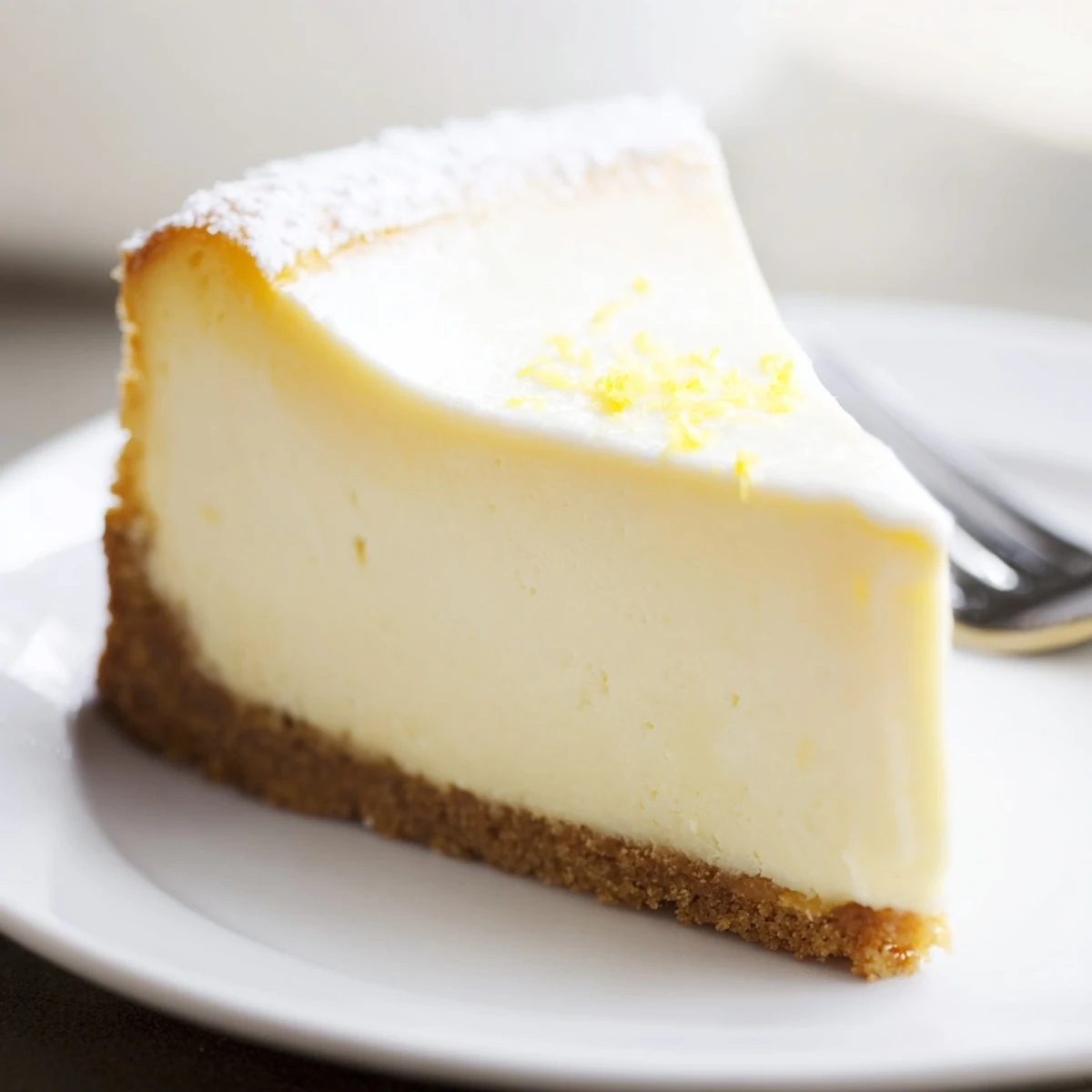 Slice of Classic Cheesecake chilling on counter, smooth tangy filling glistening